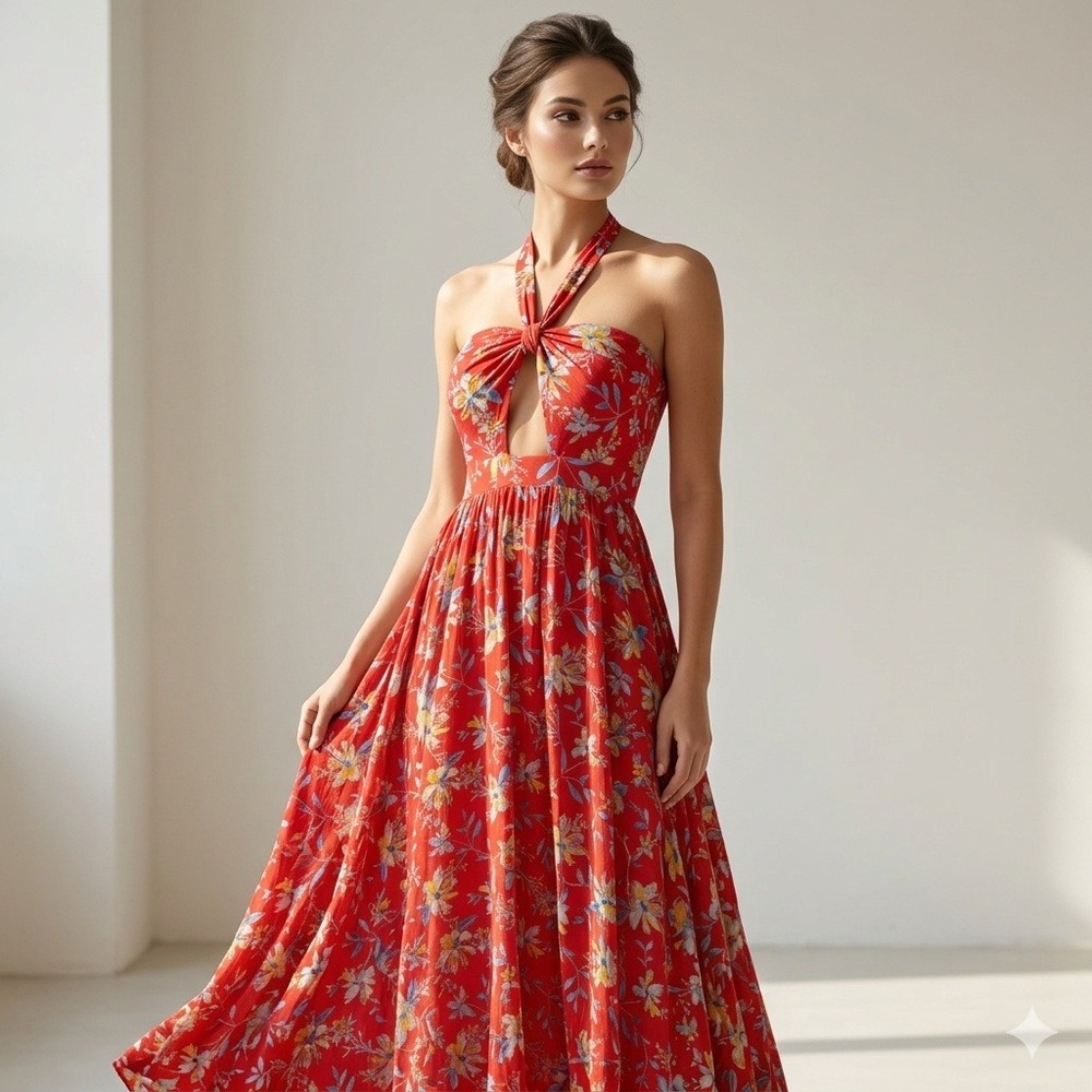 Kimchi Blue Red‎ Floral Halter Maxi Dress Keyhole Cutout Slit Size 0 NWT